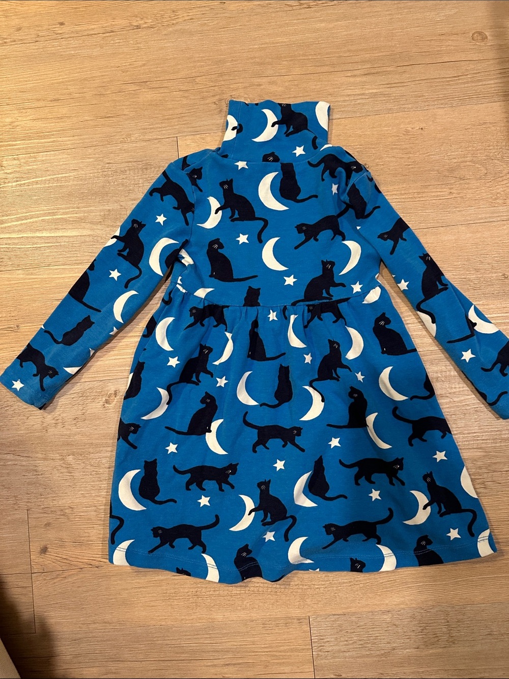 Boden Blue Dress with Black Cat and White Moon Print